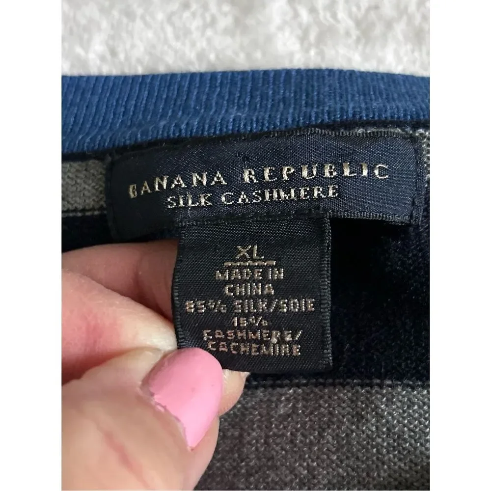 Banana Republic Luxury Blend Navy & Gray Striped Sweater Cashmere Silk XL Mens